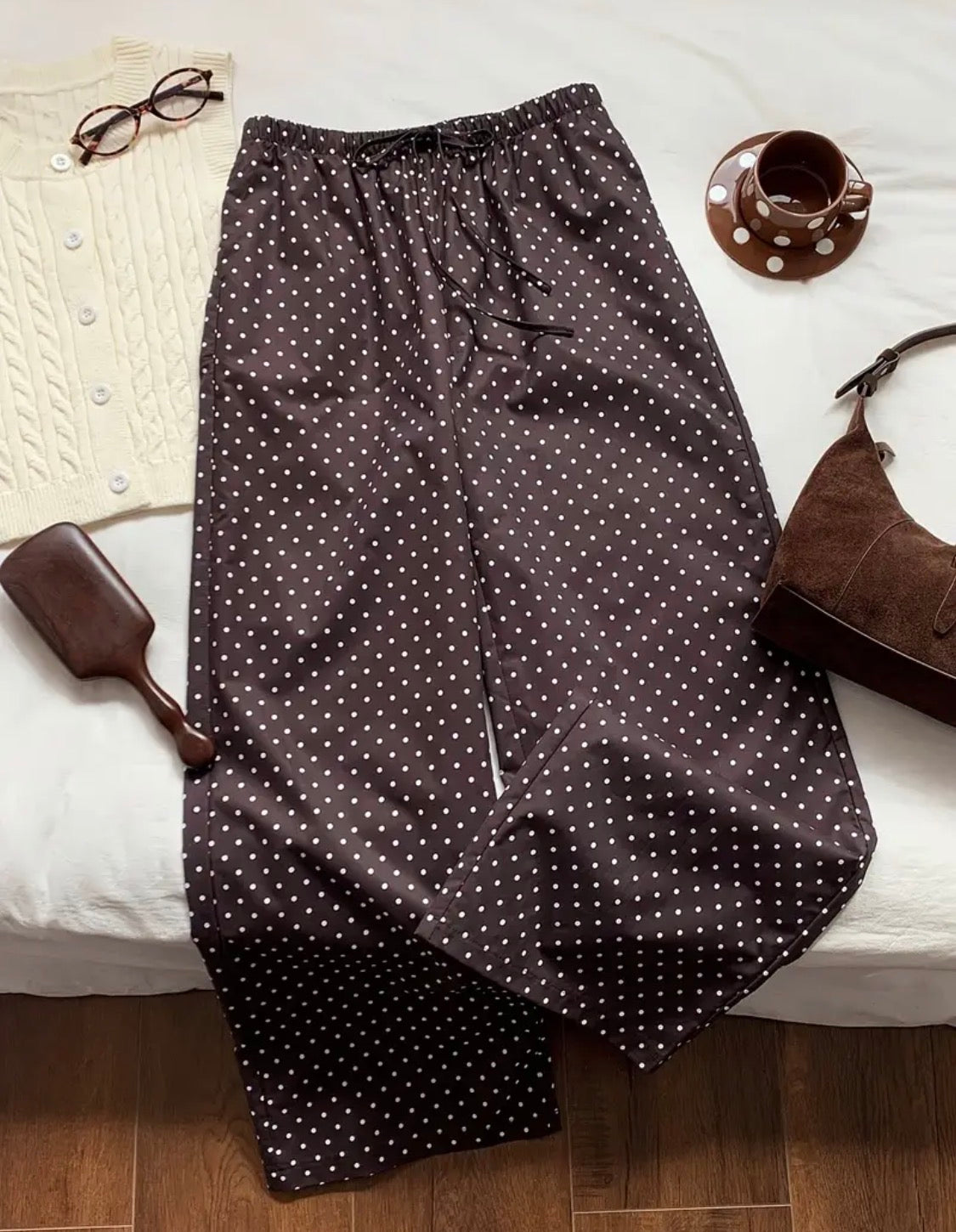 Pantalon Marron à Pois Blancs